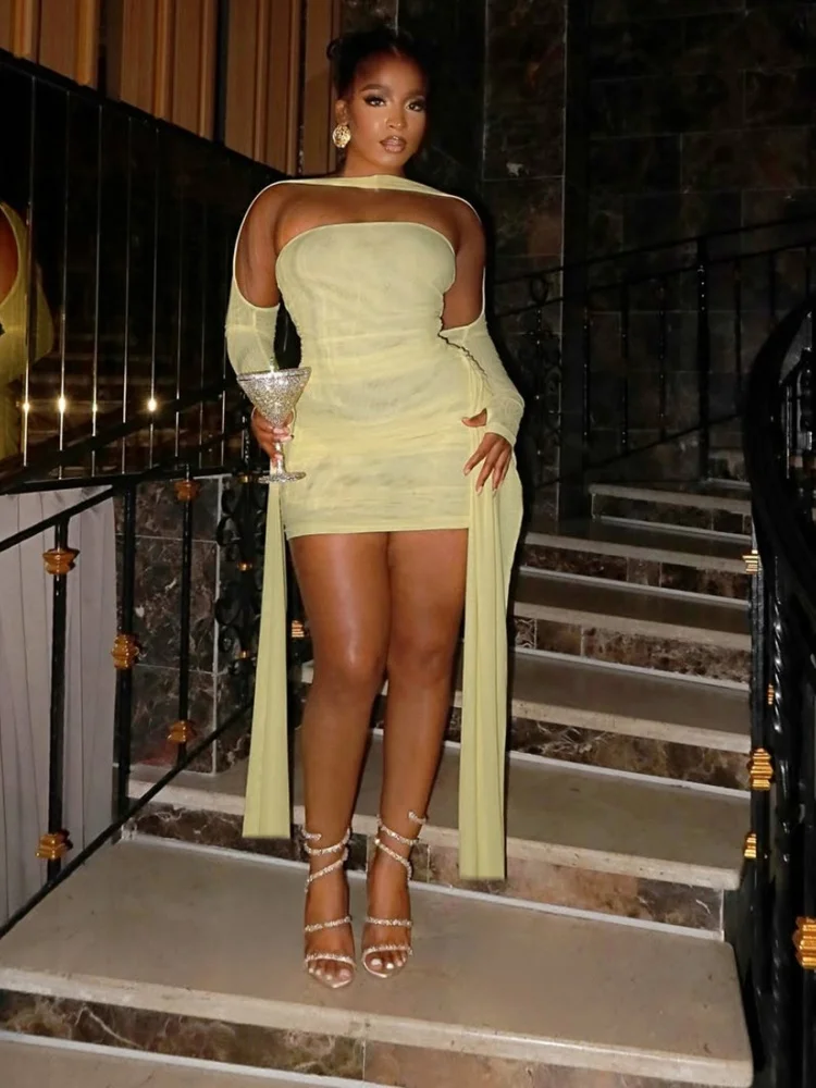 

Женский костюм Sister Star с подвесным воротником, плиссированное бюстье с рукавами на палец, набедренное короткое платье для вечеринки в ночном клубе, комплект одежды