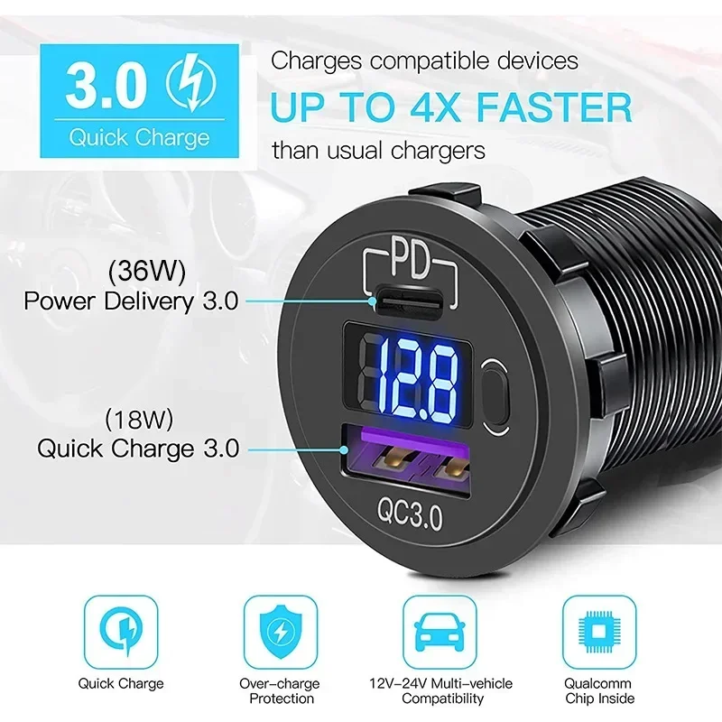 12V Car Fast Charger Power Socket QC3.0 and PD USB Port Car Charger Adapter with LED Voltmeter and On/Off Switch