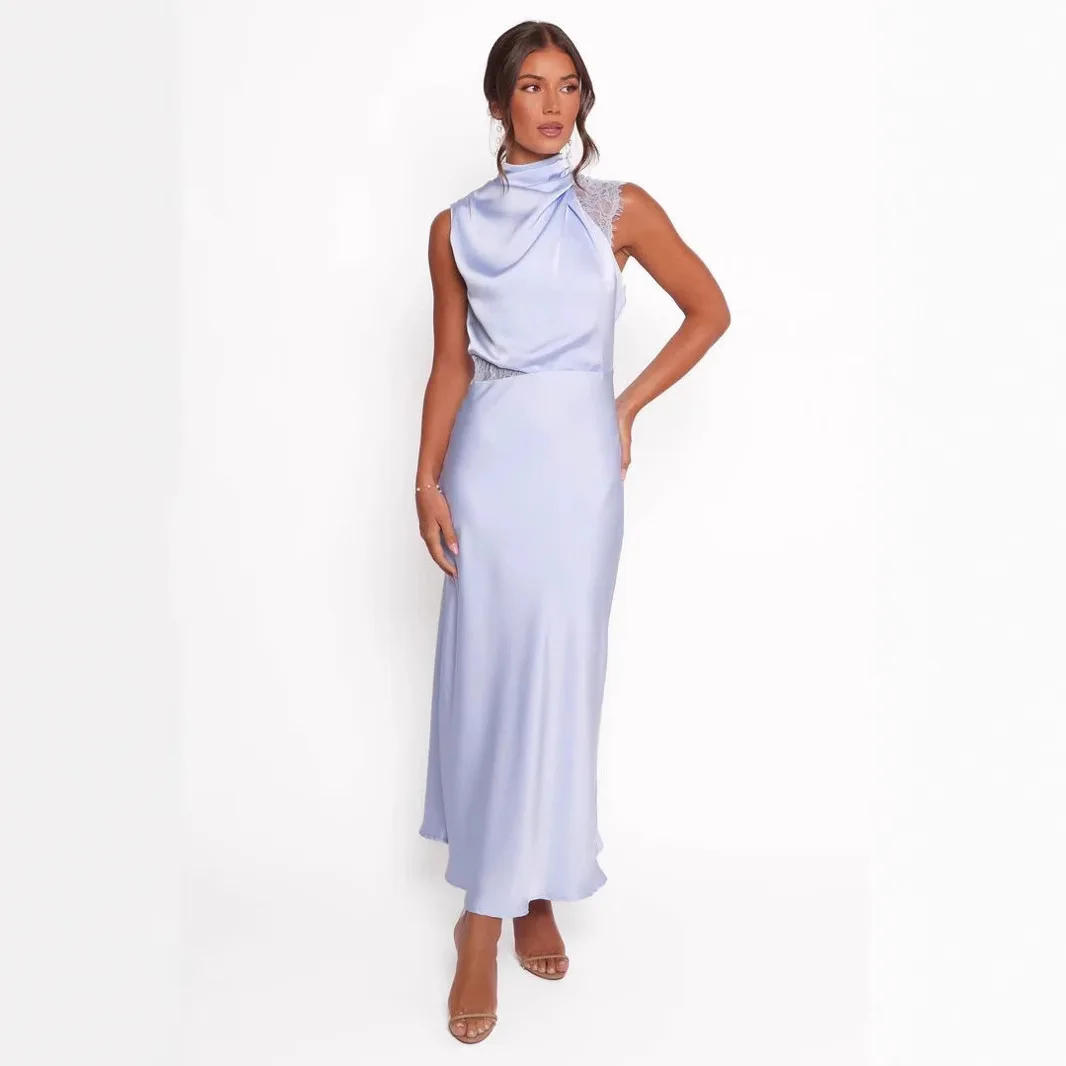 

2025 Summer New Casual Women's Solid Color Hanging Neck And Waist Lace Dress