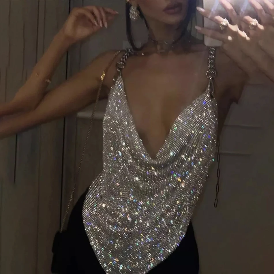 

White Day New Sexy Ladies Top Luxury Design High Quality Pearl Double Shoulder Strap Dense Mesh Crystal Sparkling Birthday Party