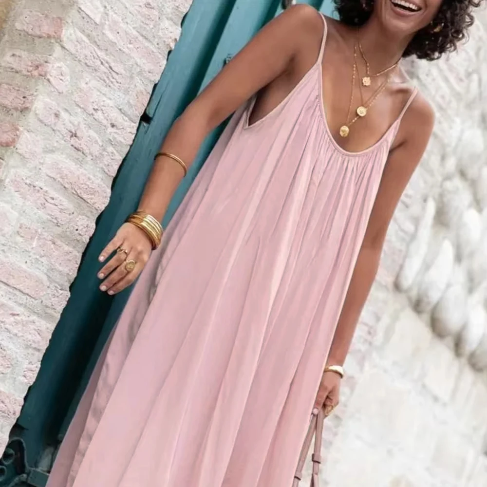 Dresses Spring Summer Basics Daily Folds Plain Sleeveless Scoop Neck Maxi Cami Vacation Dresses For Women