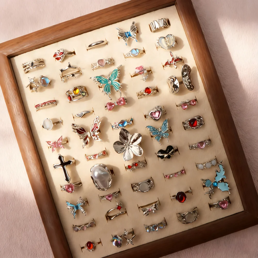 Lote de 10/20/30/50 unidades de anillos elegantes y únicos con forma de flor y mariposa para mujer, joyería de estilo mixto, accesorios para regalos de fiesta