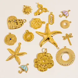 3/2Pcs Stainless Steel 15Style Starfish Flower Heart Umbrella Sun Dragonfly Charms for DIY Necklace Bracelet Jewelry