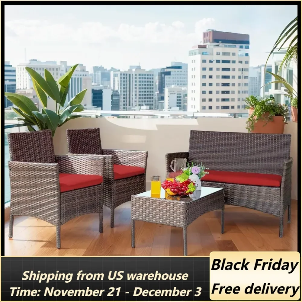 4 Piece Outdoor Wicker Patio Conversation Furniture Set, Rattan Chair Wicker Sofa Garden Conversation Sets with Cushion