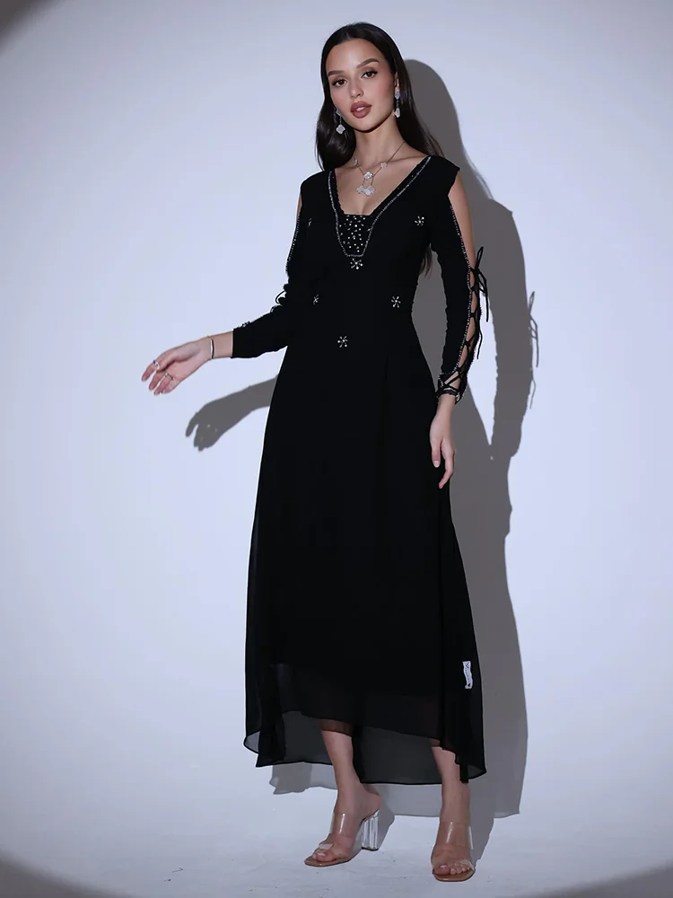 Jirocum Sexy A-Line Prom Dresses Women's Black V Neck Beaded Chiffon Evening Gown Ankle Length Special Occasion Gowns customized