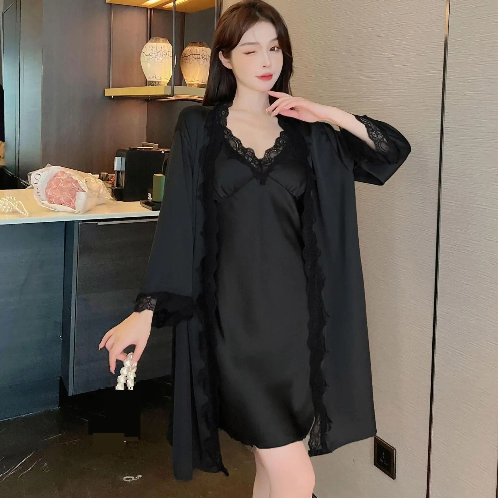 Woman Bathrobe Gown Set Sleepwear Sexy Lace Robe Kimono Nightgown Suit Spring Silky Satin Home Dress Loungewear