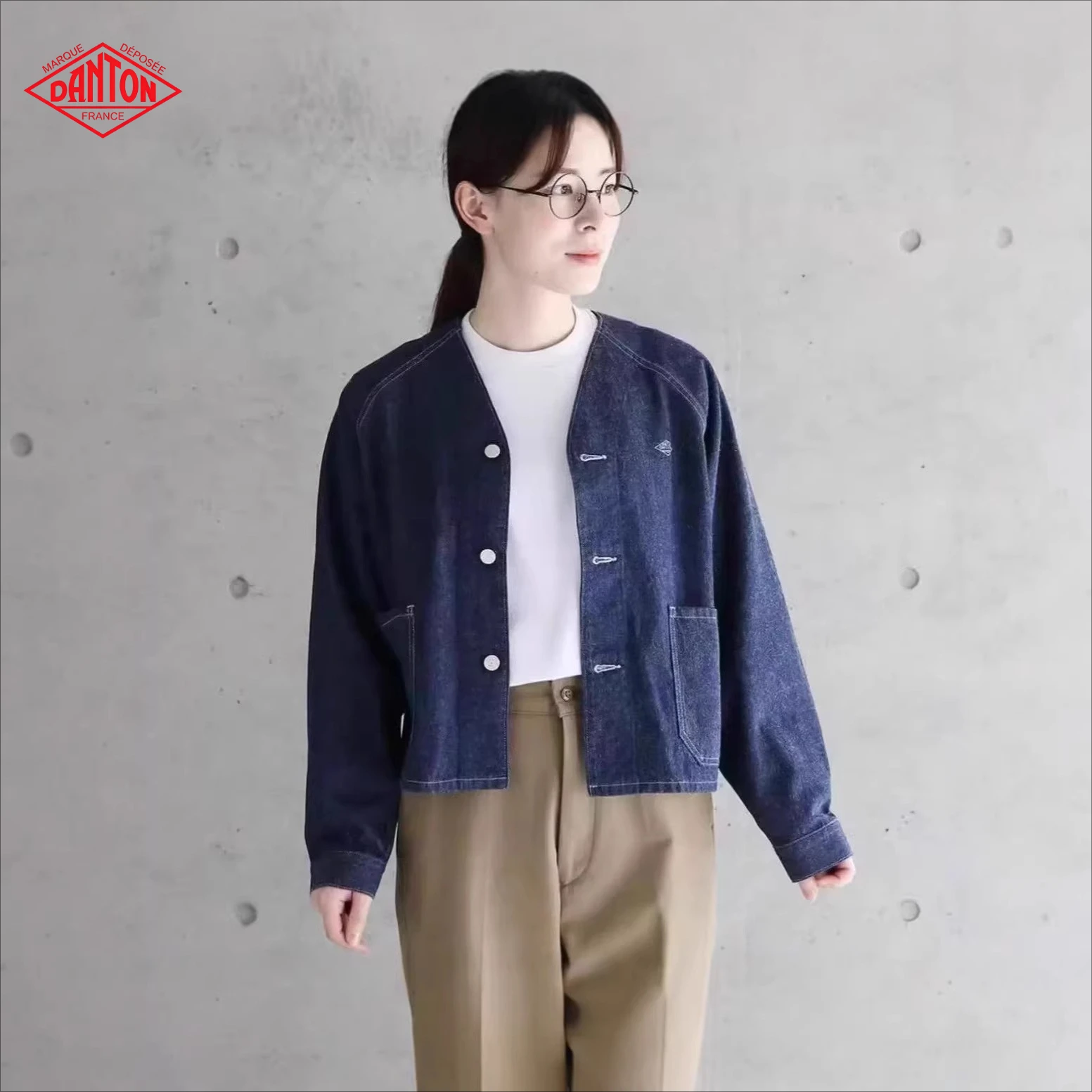 Danton 2026 Summer New Japanese Style V Neck Denim Jacket, Raglan Sleeve Single Breasted Top With Stitched Pockets for Men Women