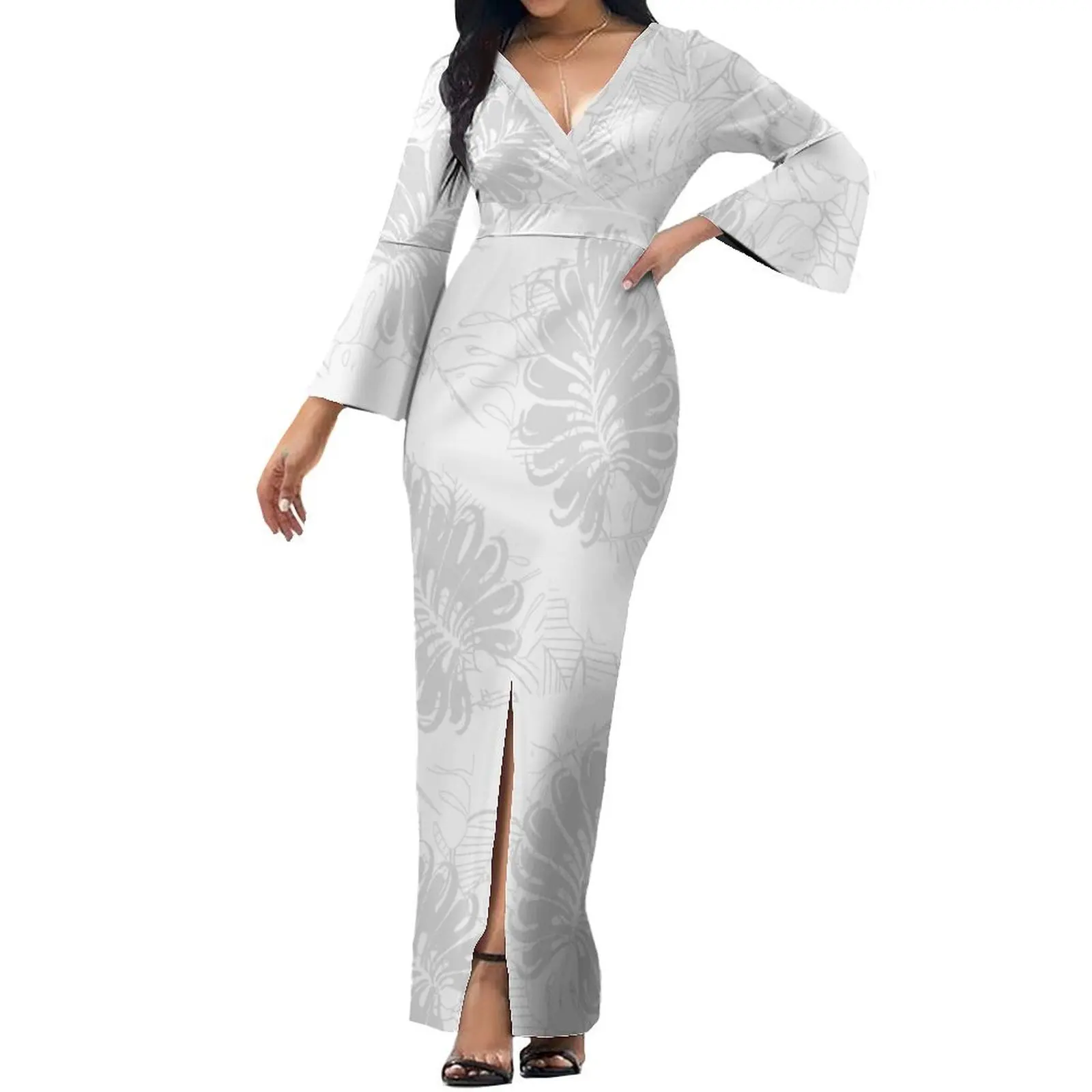 Banquet Elegant Long Dress White Dress Polynesian Vintage Pattern Custom Dress Sexy Slit Long Dress 2024 New Model