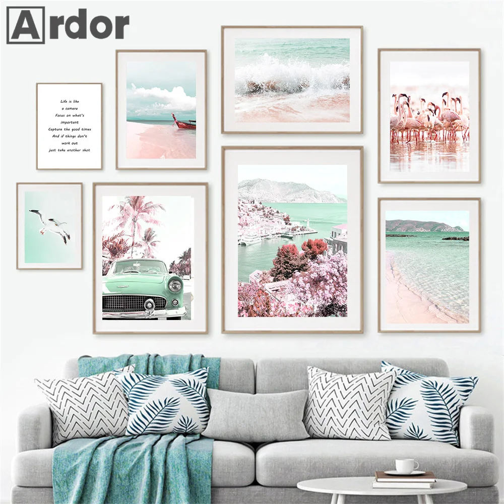 Pink Beach Sea Waves Flamingo Flower Car Quotes Wall Art Canvas Painting Nordic Posters And Prints Pictures Living Room Decor