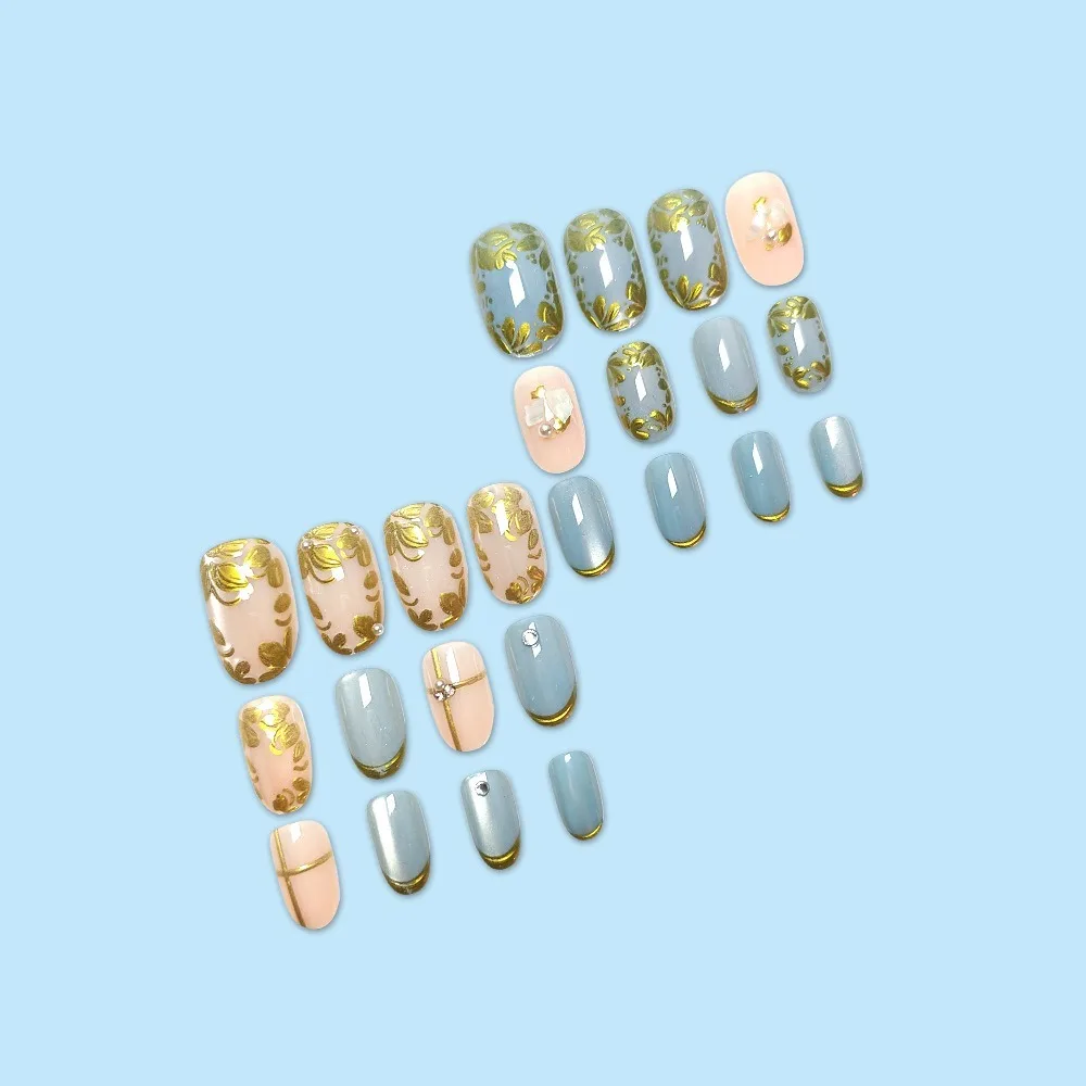 3D feuille d'or pétale presse sur ongles bleu rose oeil de chat strass faux ongles 24 pièces couverture complète colle sur ongles artificiels