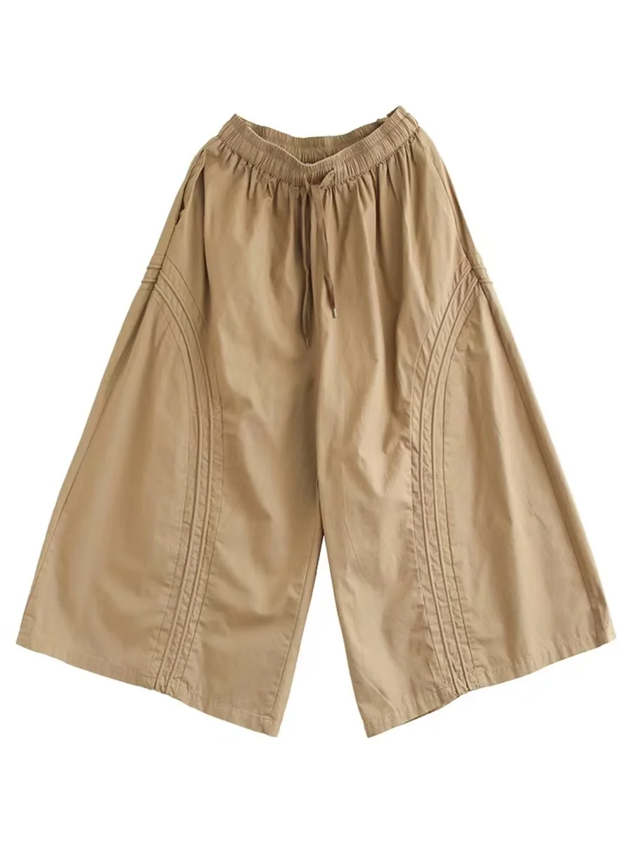 Retro algodão gingham calças de perna larga feminina verão solto simples cintura elástica nove pontos cinto calças saia casual