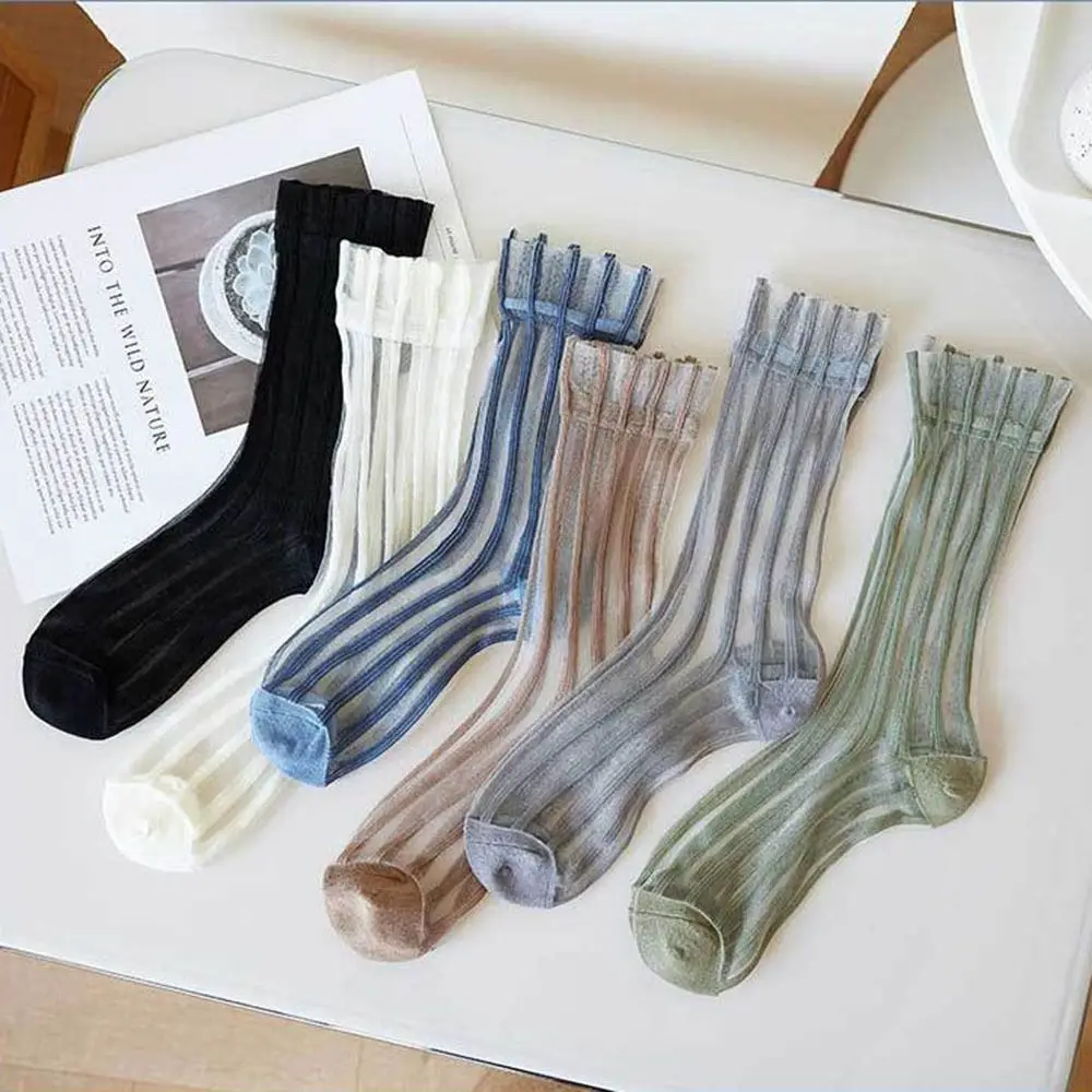 Ultra-thin Fashion Mesh Japanese style For Women Summer Glass Silk Socks Middle Tube Socks Female Hosiery Striped Socks