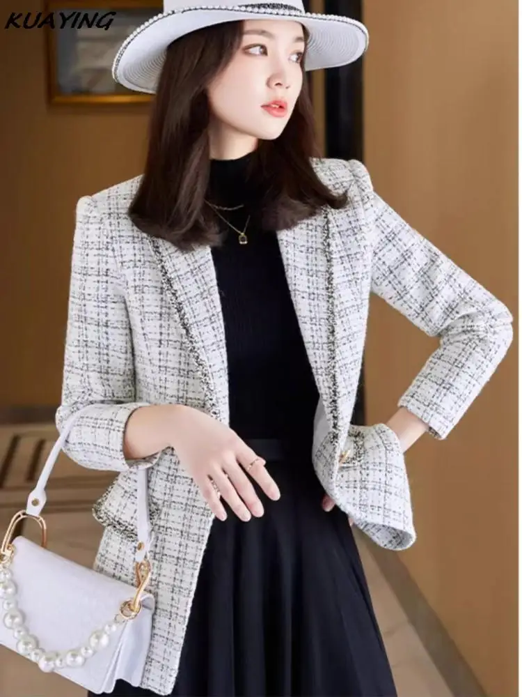 Fashion Autumn Women Elegant Houndstooth Woolen Blazer Jackets Vintage Casual Outerwear Coat Female Business Clothes Cardigans