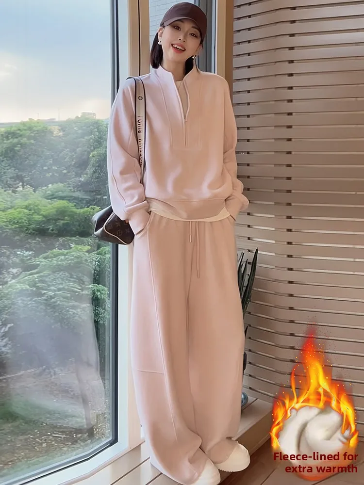 

Casual Spor Women's Sweatirt And Wide Leg Pants Two Piece Set Faionable Lazy Sle Winter Warm Thiened Full Body Fce