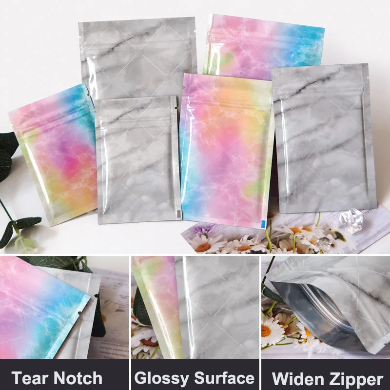 50Pcs Flat Glossy Rainbow Gradient Color Small Aluminum Foil Zip Lock Bag Candy Jewelry Snack Tea Heat Sealing Packaging Pouches