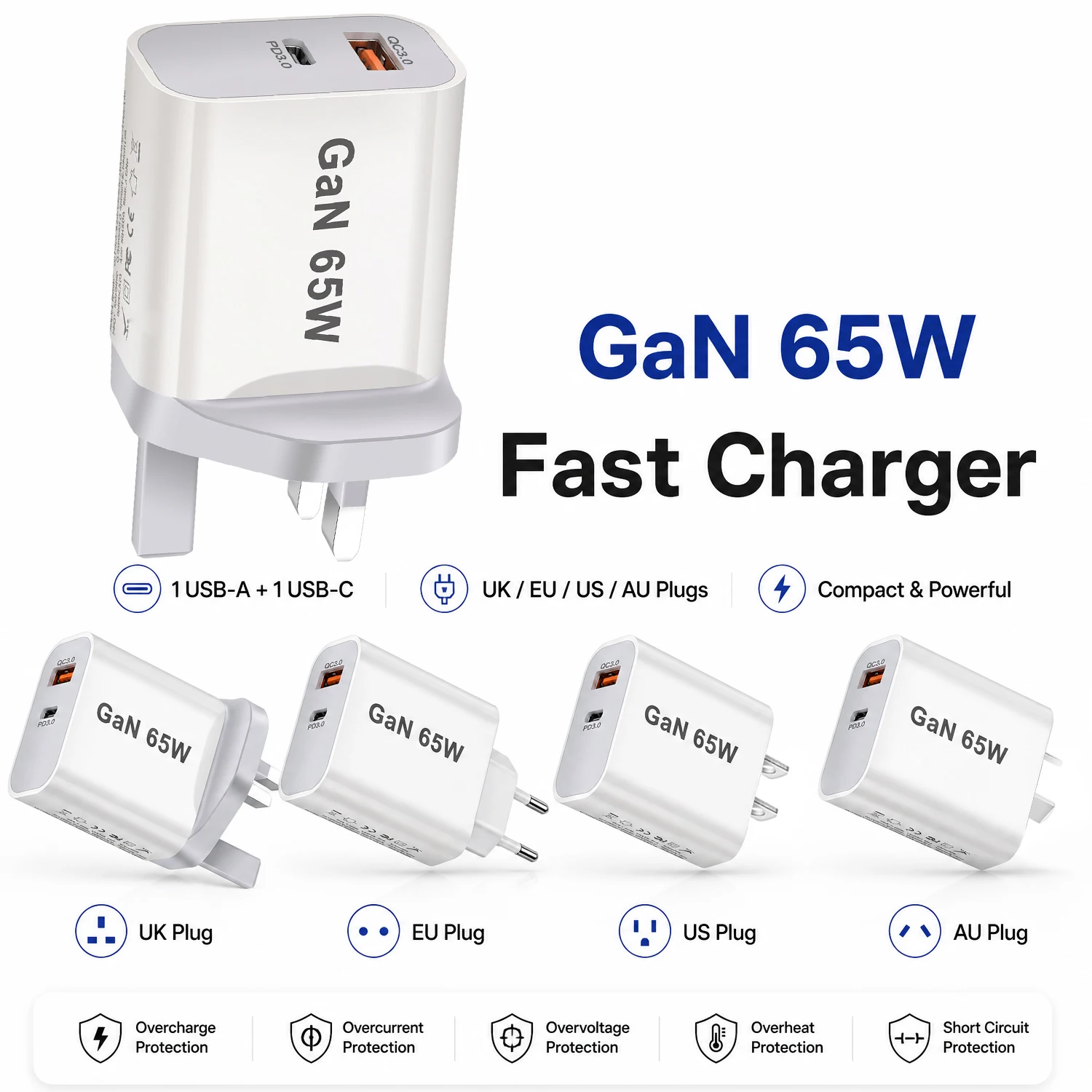 UK/AU/EU/US Plug Fast Charger 65W USB Type-C Charger  SmartPhone Quick Charging Power Adapter With 2-Port USB PD Wall Charger