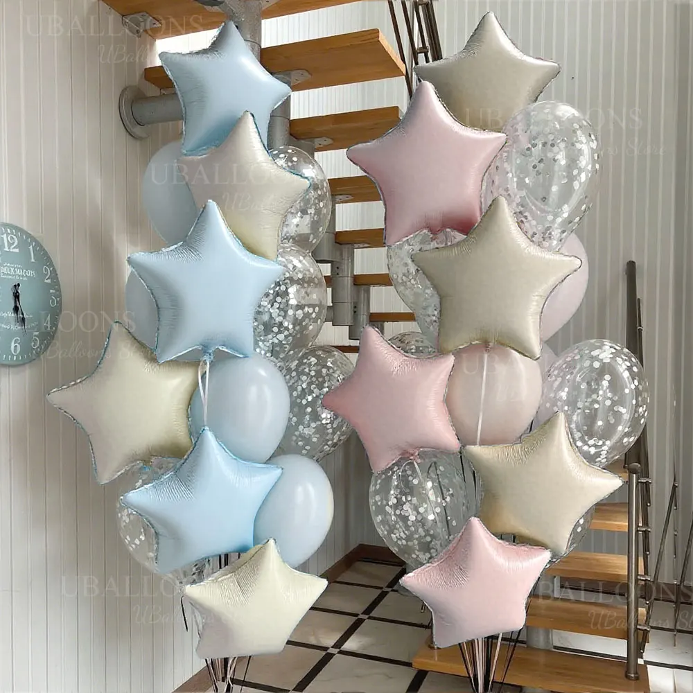 10 Stück beige blaue Stern-Folienballons, pastellrosa, babyblau, cremeweiß, sternförmige Luftballons für Geburtstag, Babyparty, Party-Dekoration – Detail 3