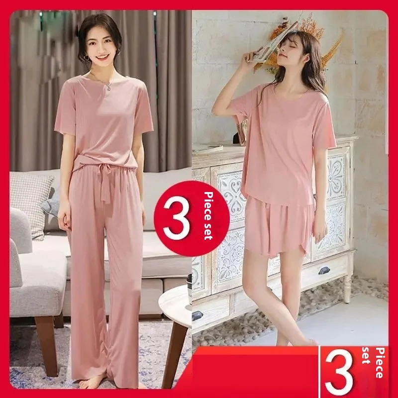 Conjunto de ropa de dormir de seda de hielo para mujer, ropa de dormir Sexy, pantalones cortos simples de manga corta, sólido, ropa de casa