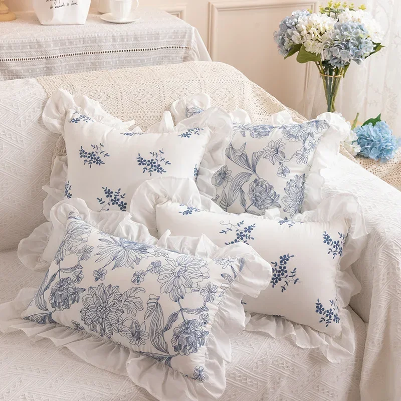 French Pastoral Cushion Covers Embroidered White Ruffle Edge Cotton Princess Throw Pillow Case Bed Dining Room Chair Decoration