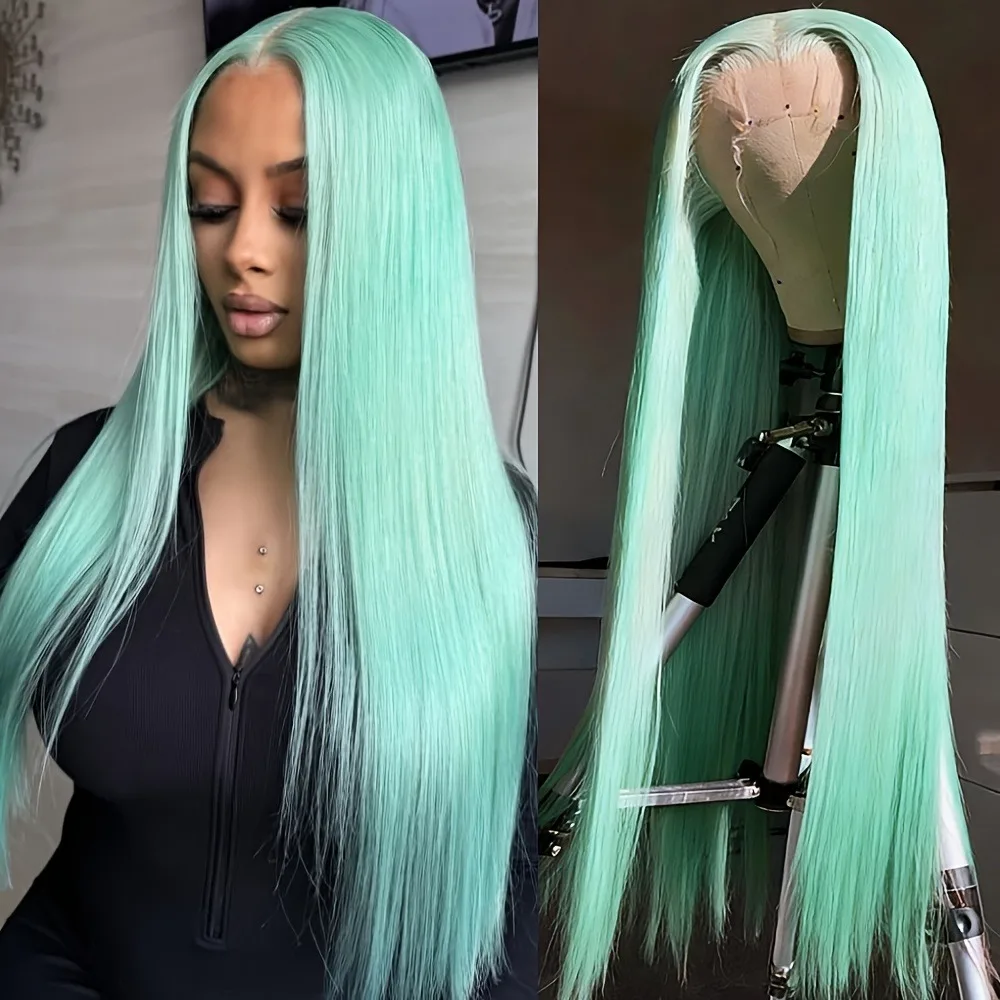 Mint Green Long Straight Lace Front Synthetic Wigs Pre Plucked Natural Hairline Glueless Wigs for Fashion Women Daily Cosplay