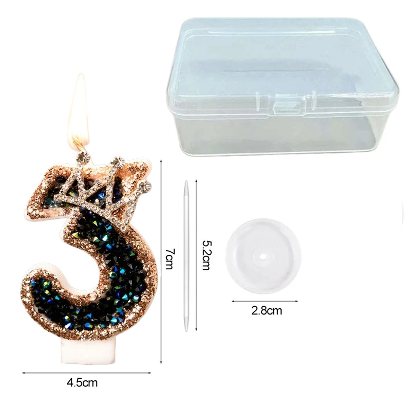 Gold Rim Colorful Black Crown Digital Number Candle, Crown Cake Topper, Kids Princess 1st Birthday Party Decor Creative Candle