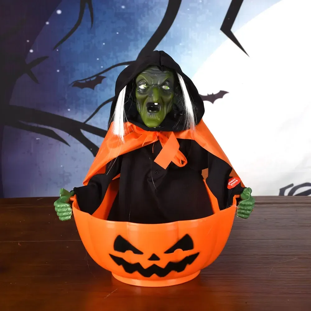 Halloween Funny Electric Toy Witch Candy Bowl Halloween Decorations for Home Witch Horror Ghost Call Voice Control
