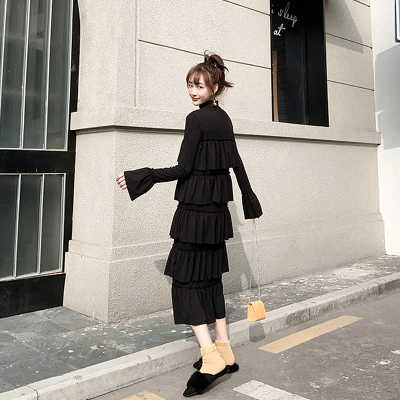 2023 The New Listing Black Dress Women's Cake Long Skirt Ruffle Edge Winter Elegant Fashion High Collar Leisure Time Temperament