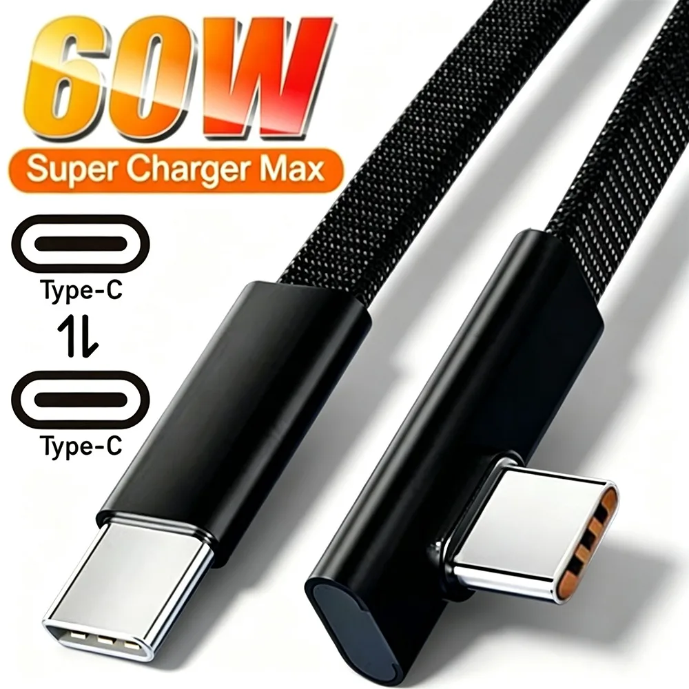L-Shape 60W USB C Cable 90 Degree Elbow Fast Charging Type C Data Cord for iPhone 17 16 15 Samsung S26 S25 Xiaomi Gaming Cable