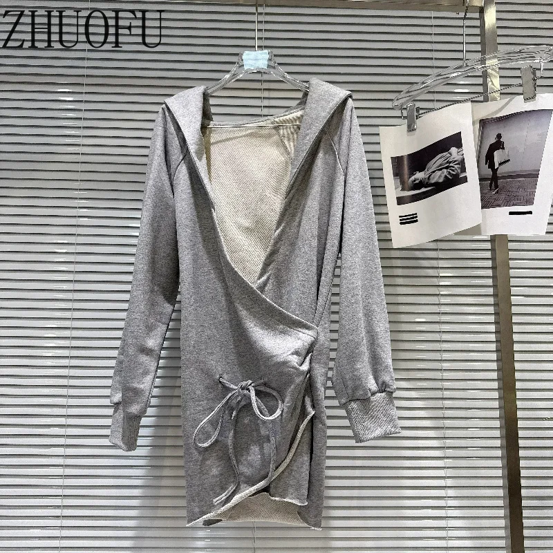 Women Hooded Sweatshirt Dress Long Sleeve Wrap V Neck Drawstring Ruched Irregular Hem Casual Bodycon Hoodie Mini Dresses New