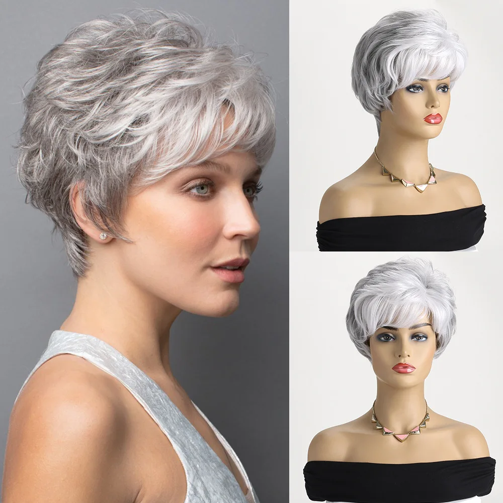 

Short Curly Wig for Women Gray White Mix with Side Bangs Heat-Resistant Fiber Daily Party Use