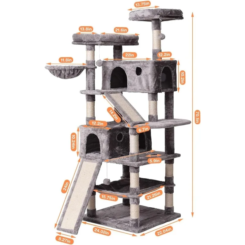 MQ Cat Tree Cat Tower 70.1 in, Multi Level Cat Scratching Post with Condos, Ladders, Basket, Hammock & Plush Perches for Kittens