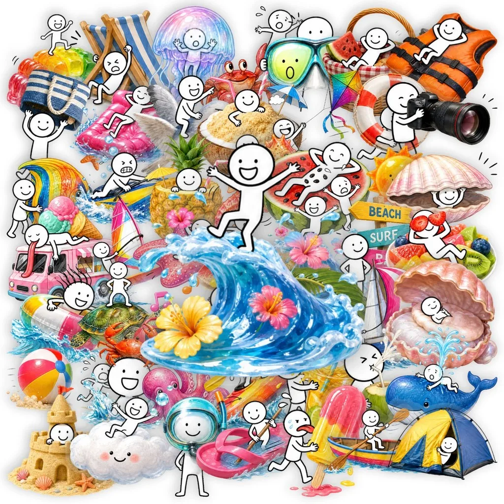 Seaside Holiday Stick Figure Themed Sticker Pack 50 Sheets Transparent PET Cartoon Stickers for Handmade RecordingYourLife Store