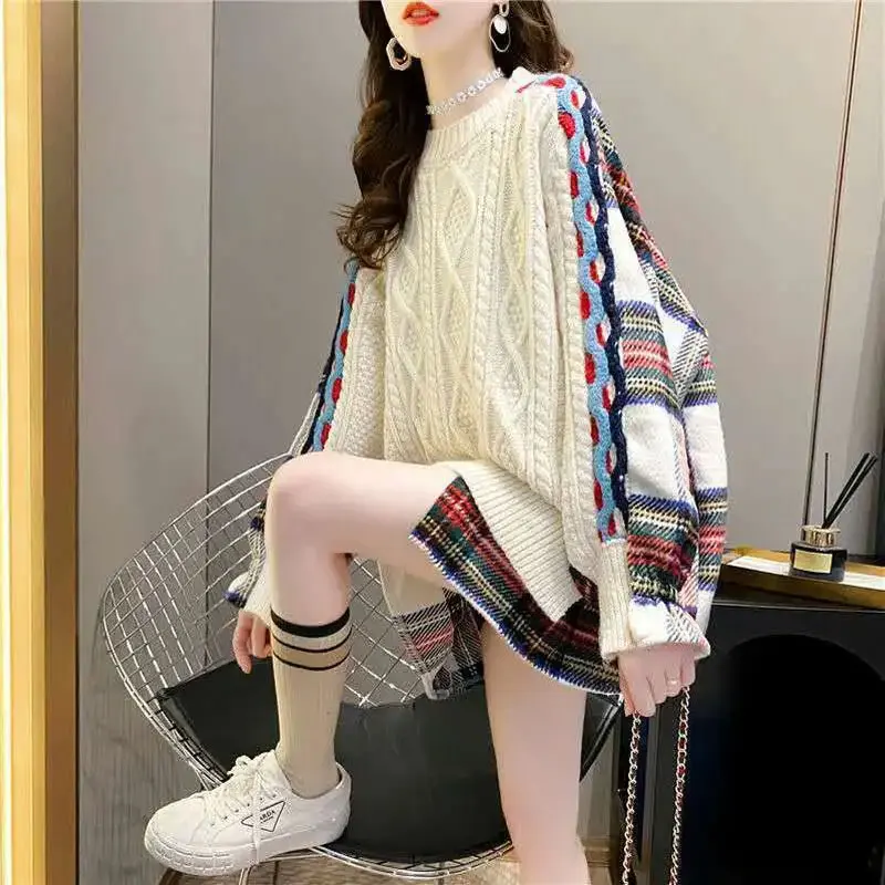 Fake Two Pieces Knitted Jumpers Vintage Plaid Spliced Autumn Winter New Casual Round Neck Women\'s Clothing Korean Loose Sweaters