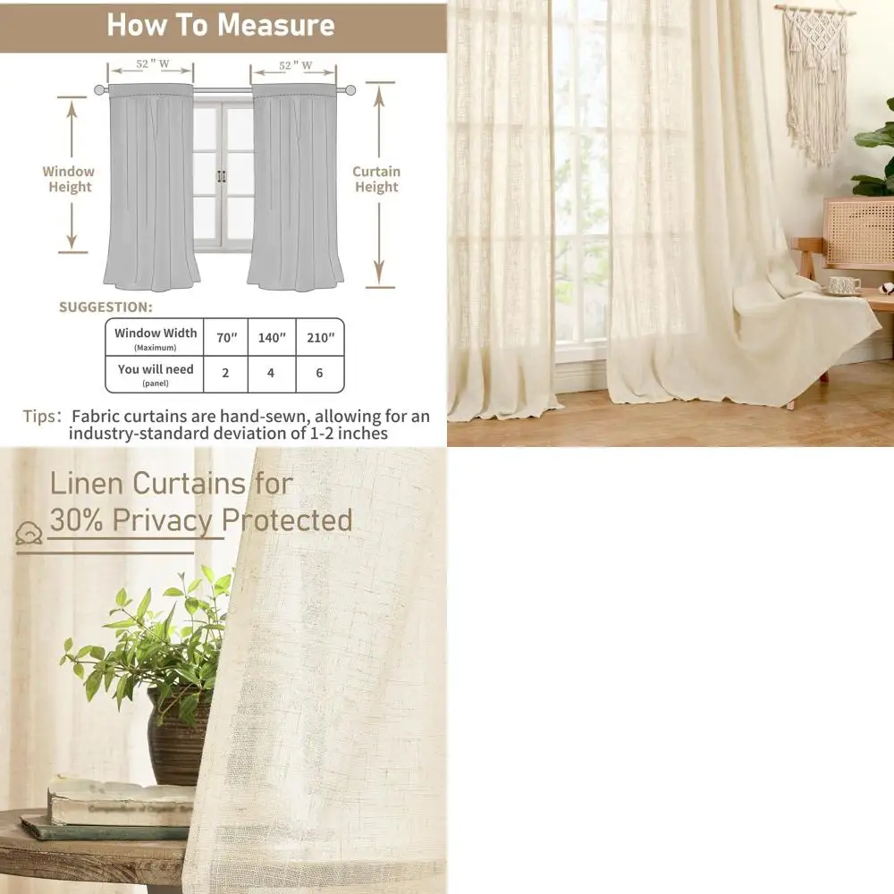 

Льняные полупрозрачные шторы 120 для гостиной, с креплением на петлях и карманом для карниза, светопропускающие, 2 панели, 52x120, бежевые