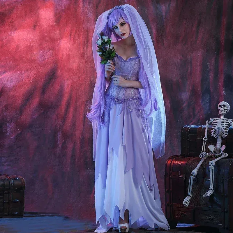 Costume da sposa zombie viola da donna - The Walking Dead Horror Halloween Fancy Dress Ghost Party Outfit Cosplay per donna