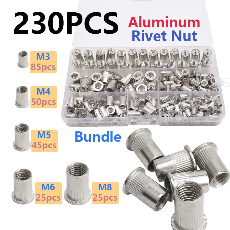 230Pcs Aluminum Rivet Nuts Tool Set M3 M4 M5 M6 M8 Combination for Furniture Decoration Automobile Marine Industrial Application