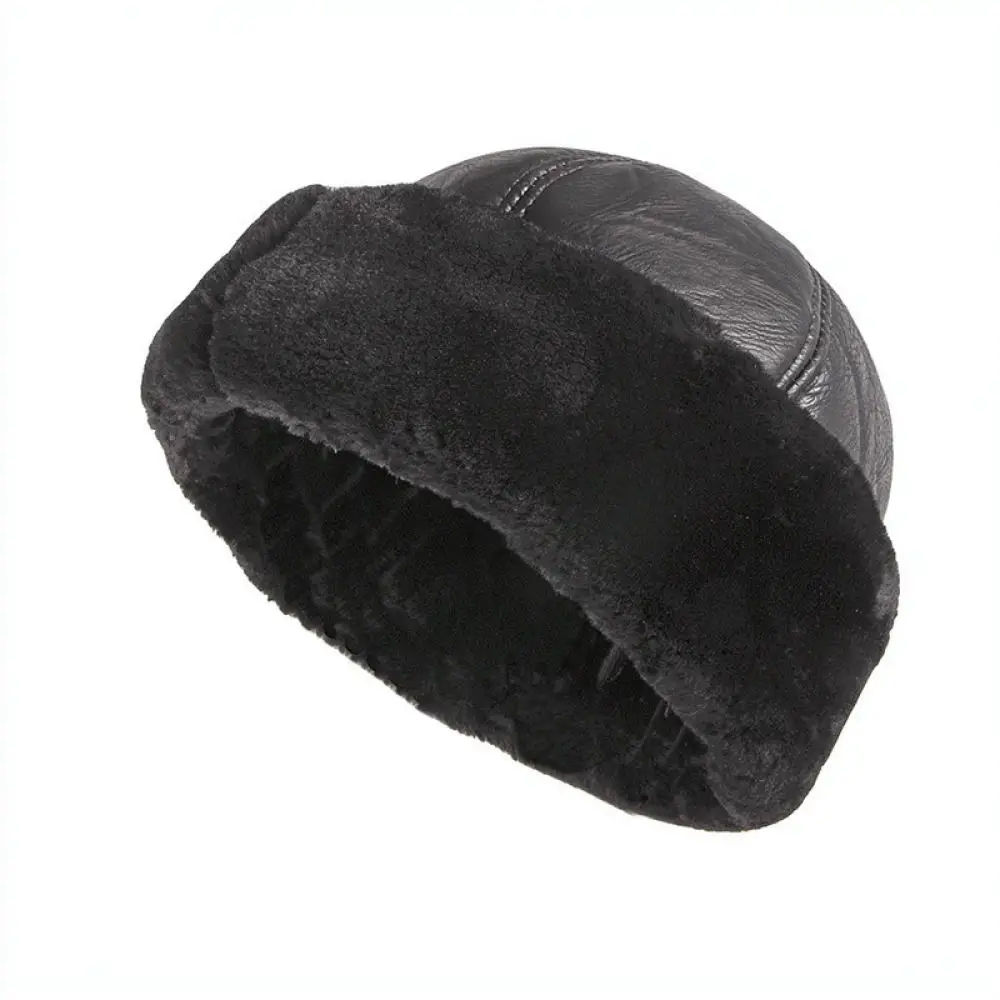 For Laurenclay Winter Mens Leather Skull Cap Warm Thickened Brimless Hat Windproof Outdoor Docker Beanie Retro Style