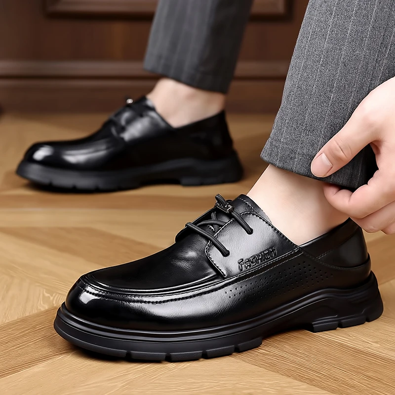 Fashion Brand Daily Round Headed Gentleman's Casual Shoes High Quality Men Comfortable Thick Soled Business Casual Leather Shoes