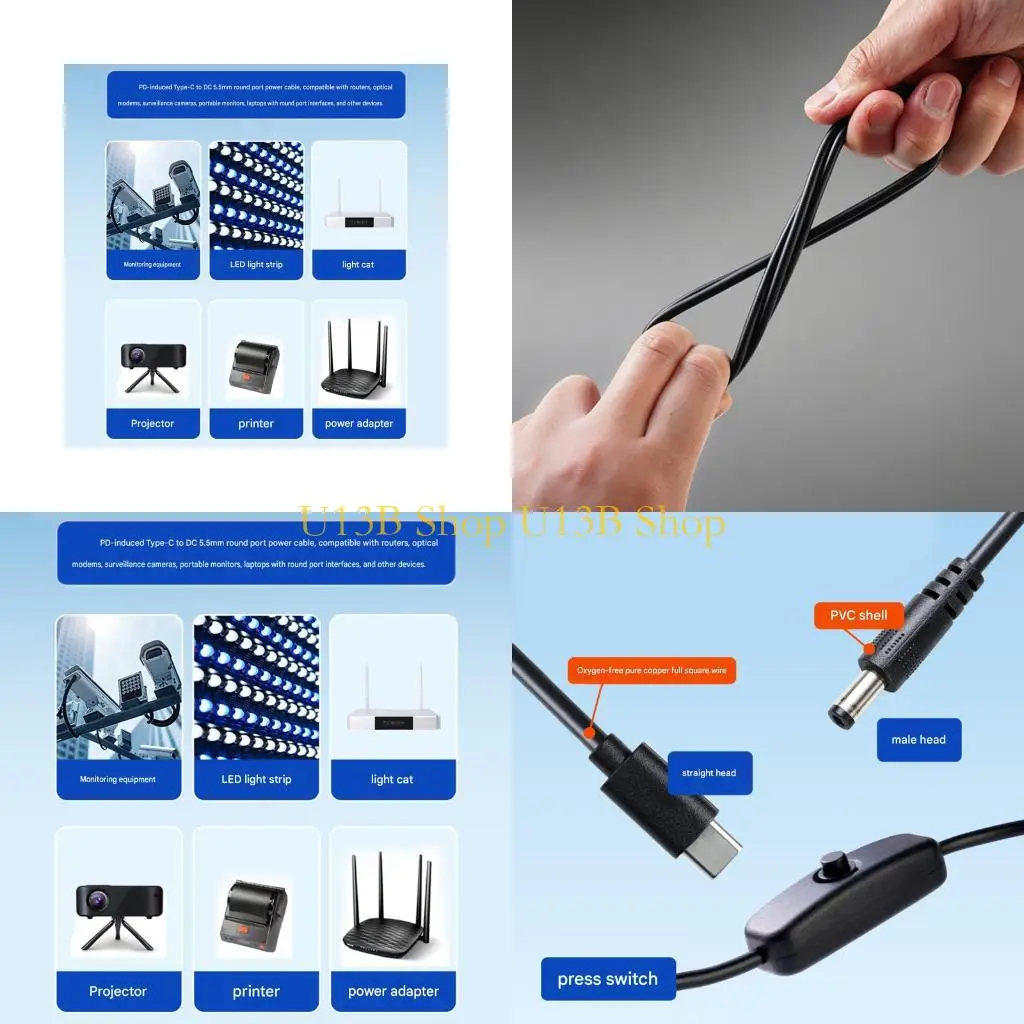 U13B USB C to 12V Power Cable with 5.5X2.1Mm Barrels Plugs, Inlines Switches , 12V 3A PD Triggers Cord for Routers Camera LED