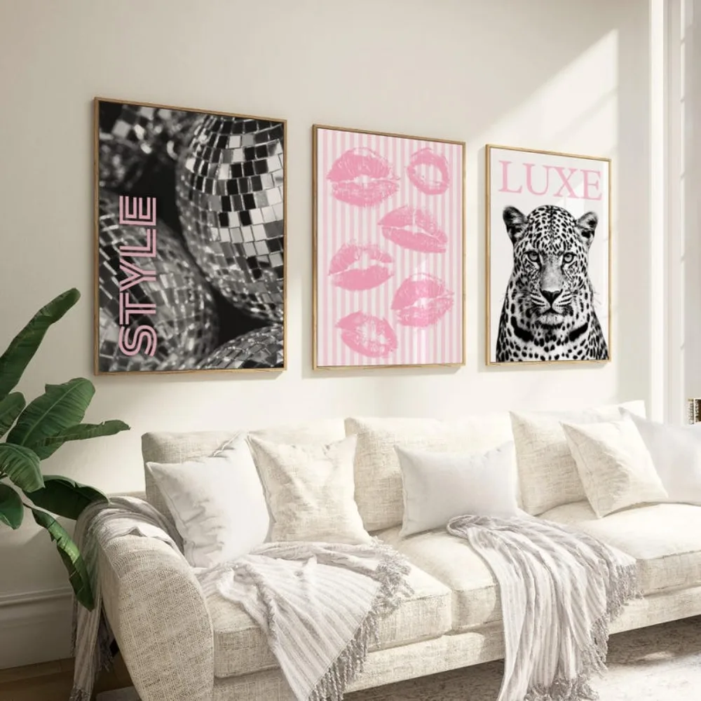 3 قطع معرض الأزياء بدون إطار الطباعة أزياء ليوبارد الطباعة قبلة ديسكو الكرة للطباعة ديكور مجلة الأزياء الوردي رائع