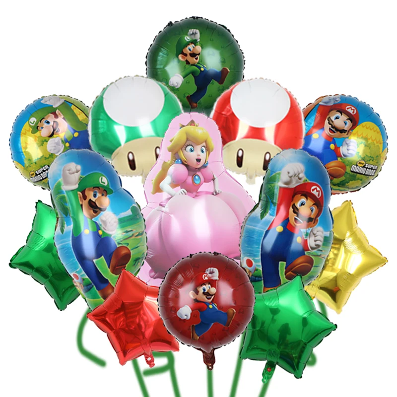 14PCS/1set Super Mario Red Green Pentagram Foil Balloons Set for Boy or Girl Birthday Backdrop Party Decoration Supplies 2024