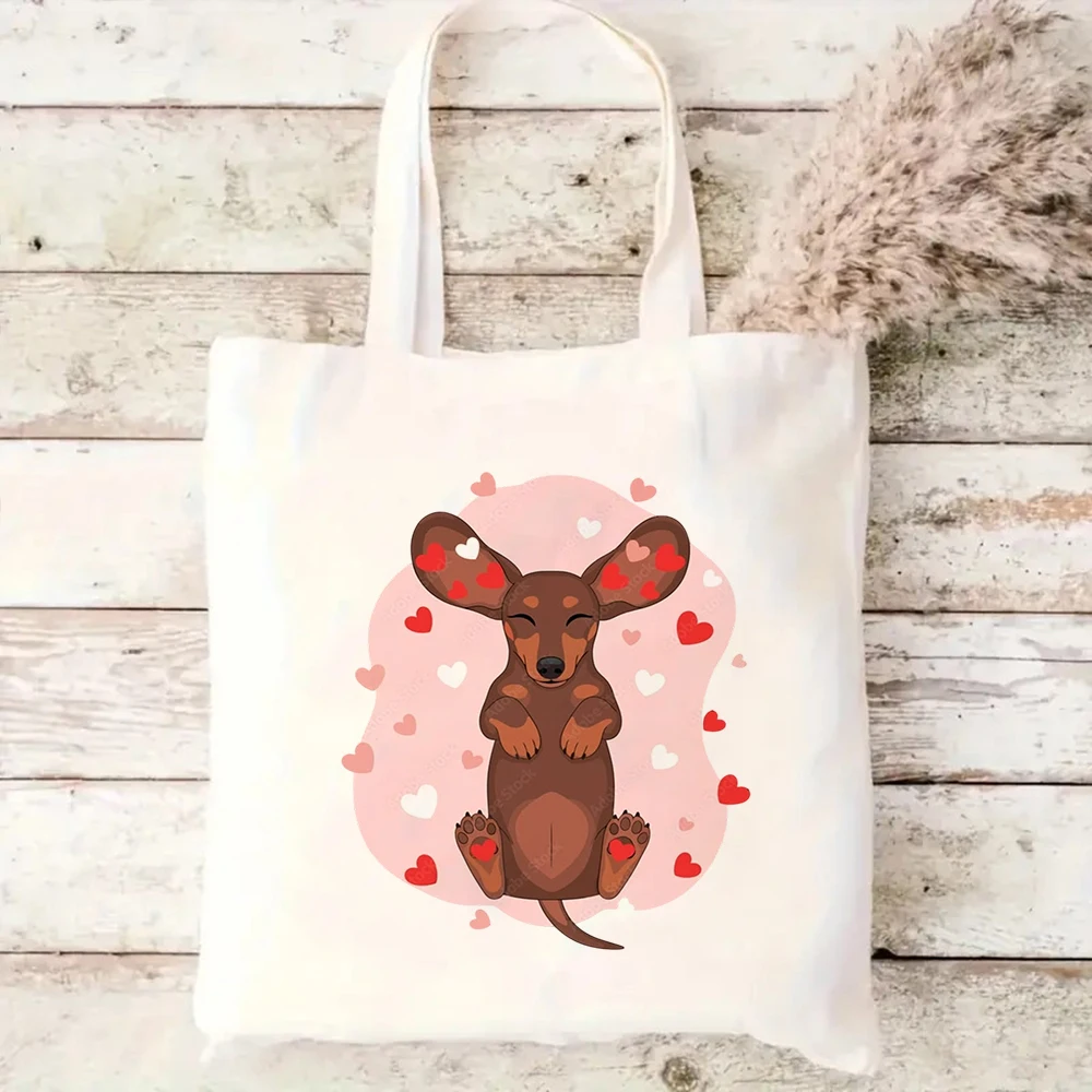 Cute Dachshund Canvas Tote Bag Funny Wiener Dog Yellow Duck Float Print Summer Beach Vacation Reusable Shoulder Handbag