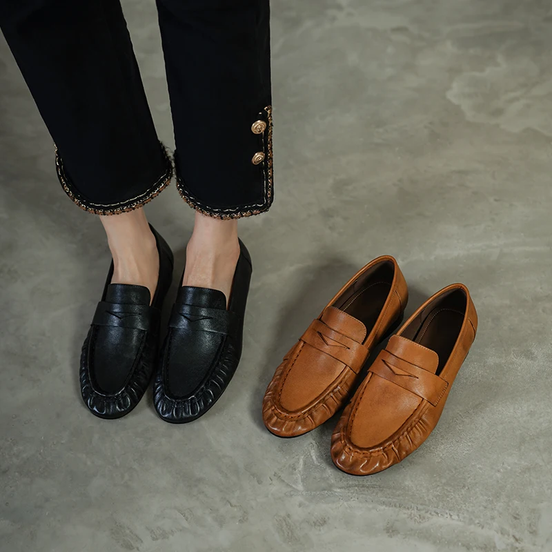 2026new spring autumn women pumps natural leather 22-25cm washed cowhide+sheepskin+pigskin round toe women shoes pleated loafers