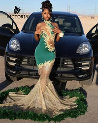 Green Feathers Train Gold Sparkles Halter Mermaid Rhinestone Prom Dress Black Girl Birthday Party Wedding Guest Gown Customized