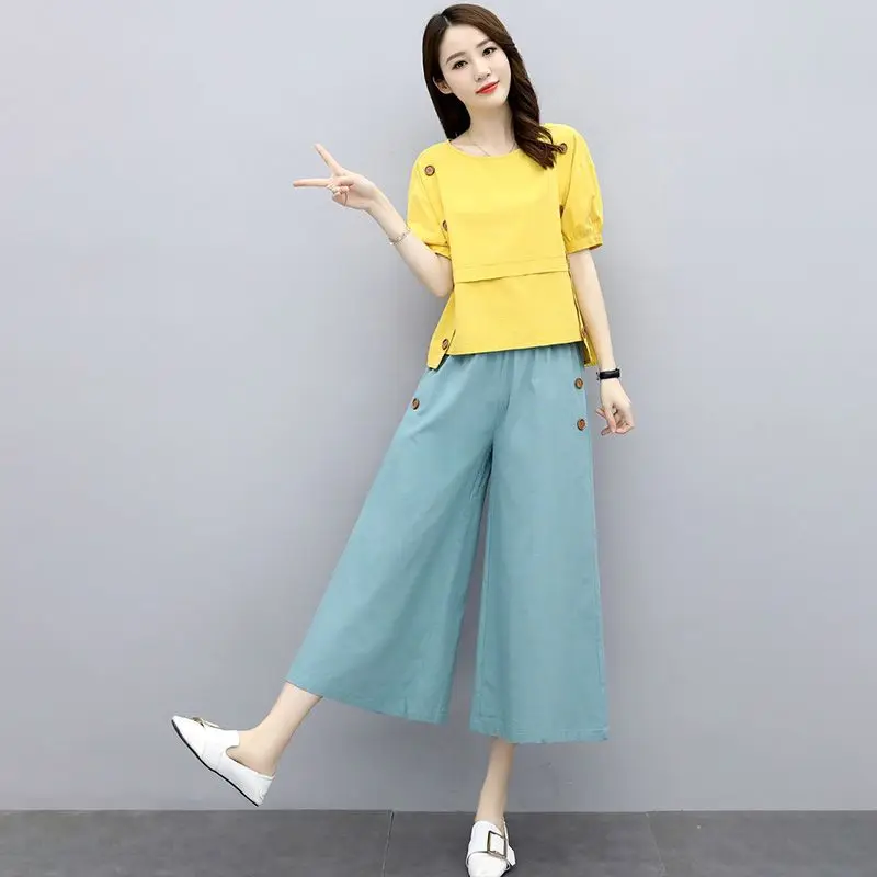 

Women's Slimming Casual Cotton Linen Wide Leg Pants Two Piece Set 2026 Summer New Arrival Stylish Vintage