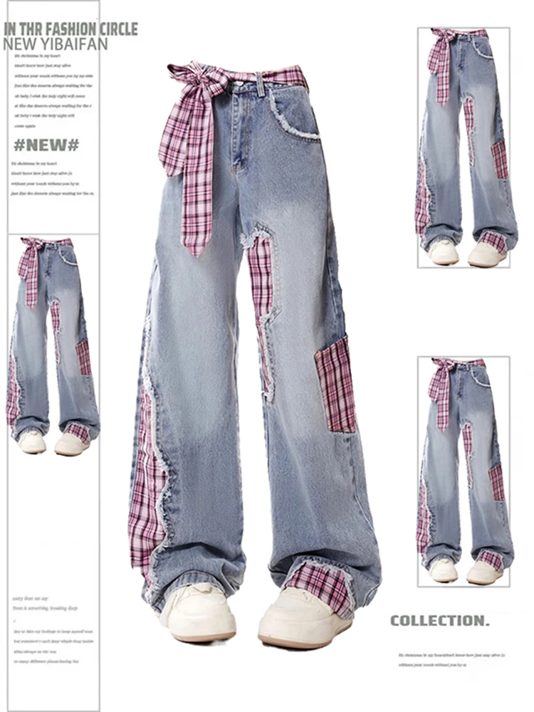 

Джинсы с высокой талией и прямыми штанинами для женщин больших размеров, осенне-зимние, новые, с эффектом похудения, в корейском стиле, с широкими штанинами и вставками.