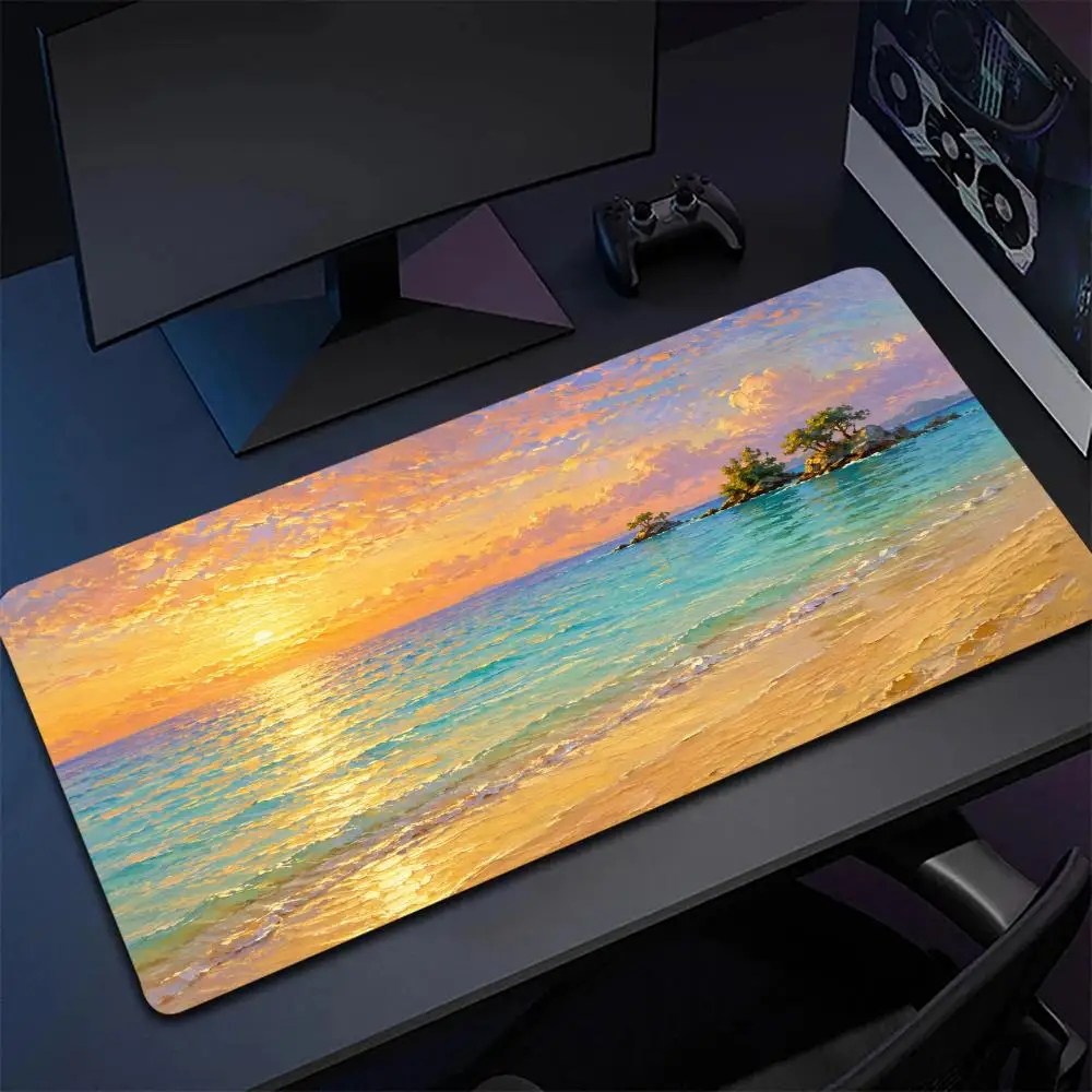 Vintage Oil Painting Beach Sunset Large Mouse Pad Ocean Sea Wave Island Scenery Art Desk Mat for Gaming Home Office Desktop