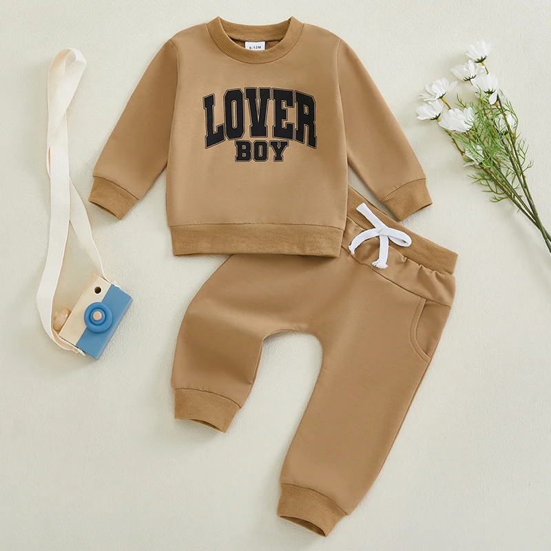 0-3Y Toddler Boy Spring 2Piece Outfits Set Letter Print Long Sleeve Sweatshirt Pullover Tops + Elastic Waist Pants with Bow