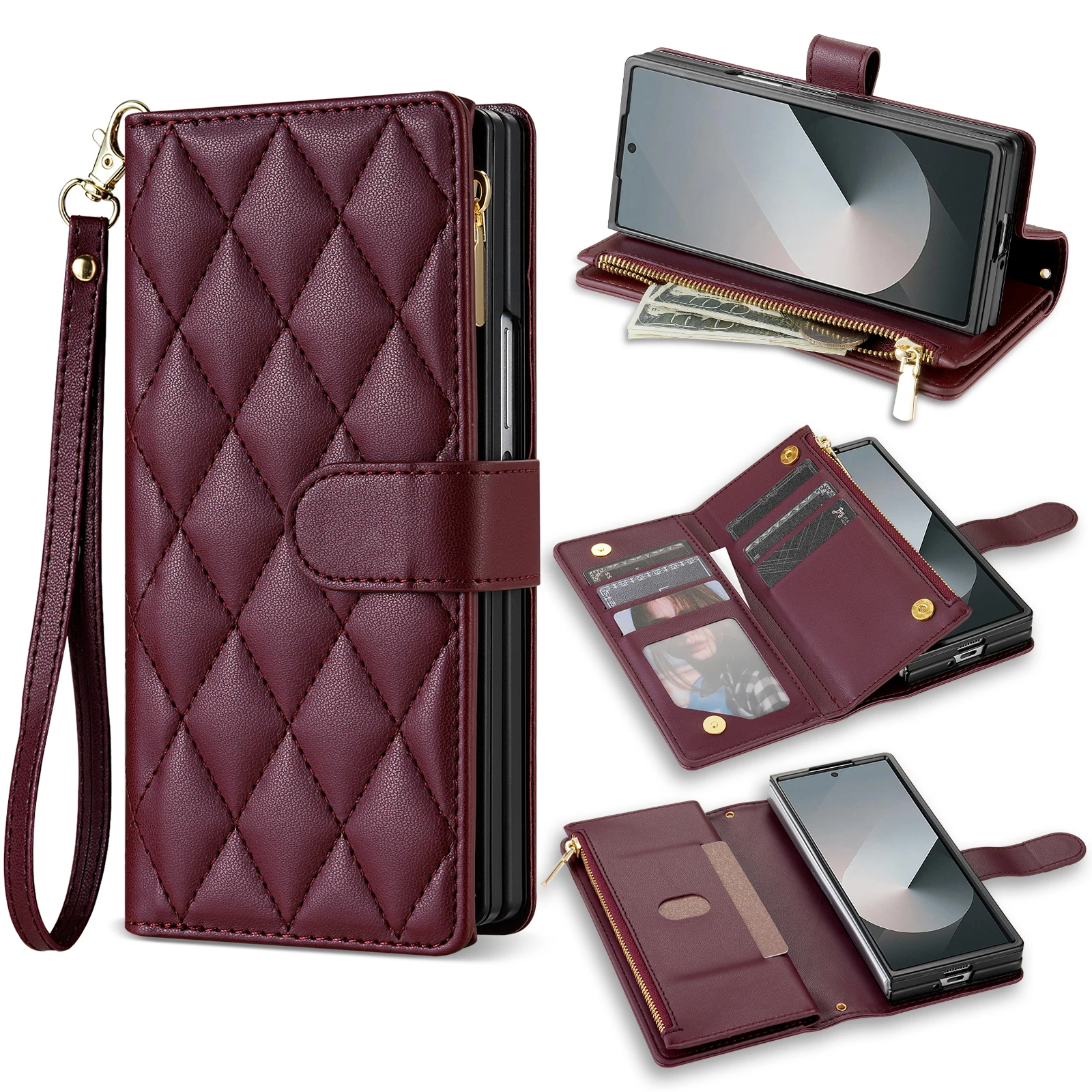 Für Samsung Galaxy Z Fold 8 Ultra Z Fold 8 7 6 5 4 Crossbody-Lederhülle mit Reißverschluss, Kartenfächern, Brieftaschenfunktion, stoßfester Schutzhülle