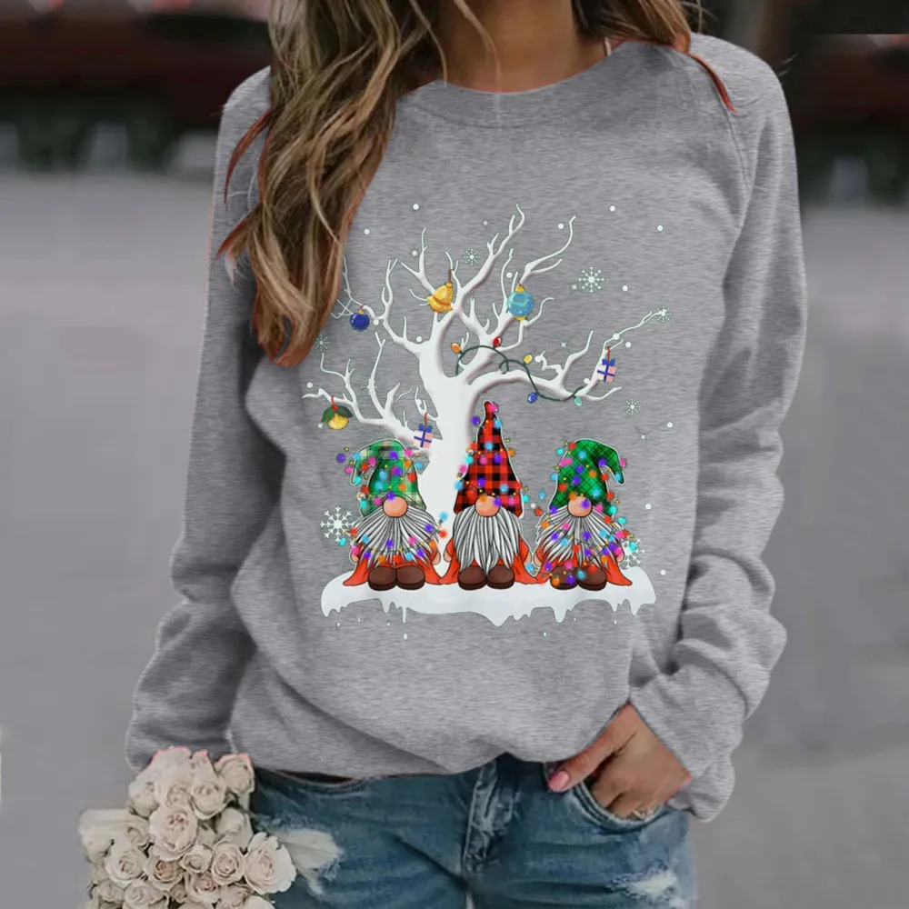 New Christmas Snow Christmas Tree Fashion T-shirt Cute Cartoon Santa Claus Long-sleeved Round Neck Tops Oversized Unisex T Shirt